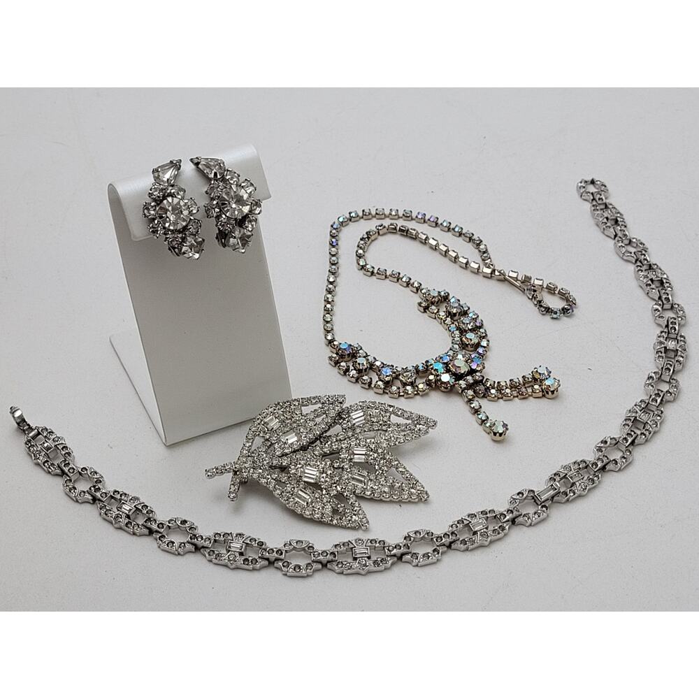 Vintage MCM Rhinestone Jewelry Lot | Pin, Necklaces, Earrings